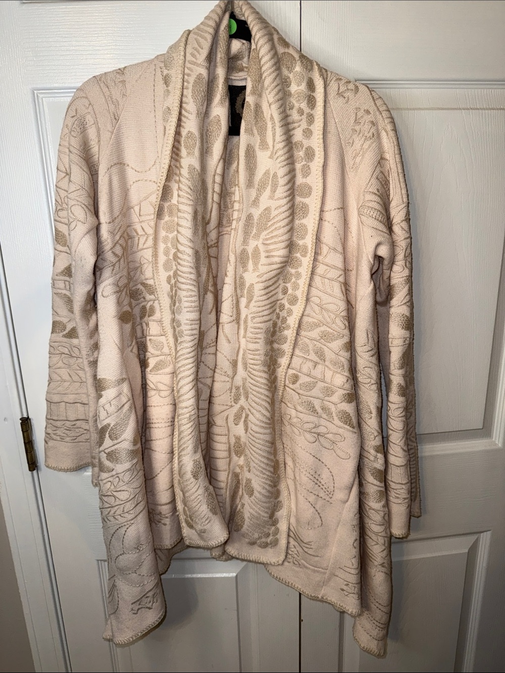 Johnny Was Cream Beige Embroidered Waterfall Open-Front Textured Cardigan
